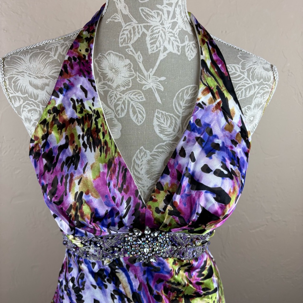 Masquerade Colorful Animal Print Halter Prom Dress Crystal Embellishment Long 6 - Picture 2 of 10